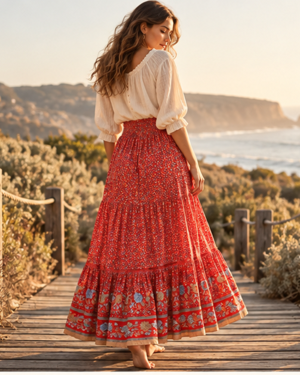 Boho Gauze Skirt, styled in a warm Mediterranean setting