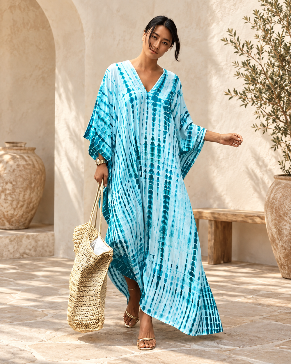 Boho Hippie Prom Dress - Turquoise Blue variant, full-length hero view