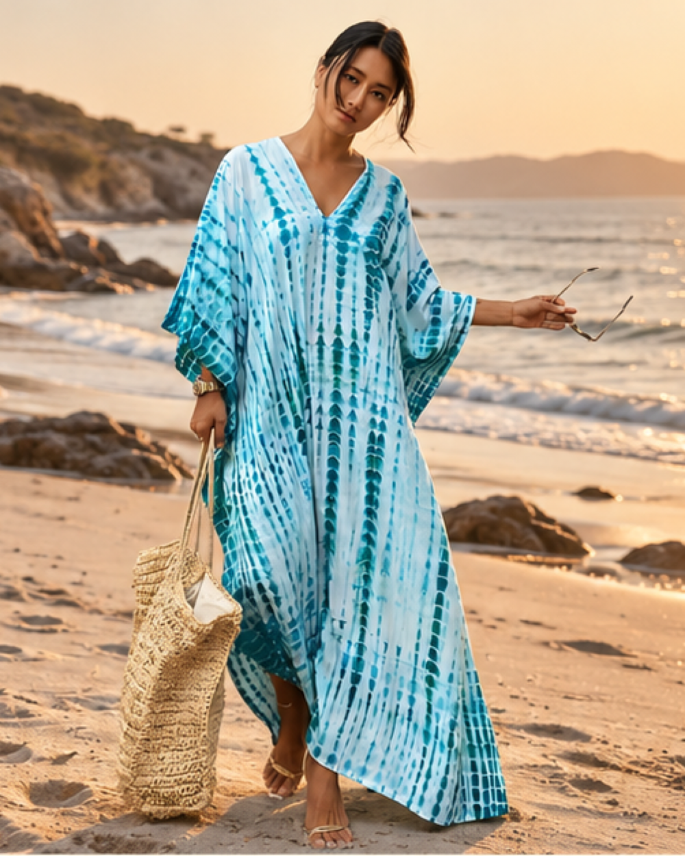 Boho Hippie Prom Dress - Turquoise Blue variant, styled in a warm Mediterranean setting