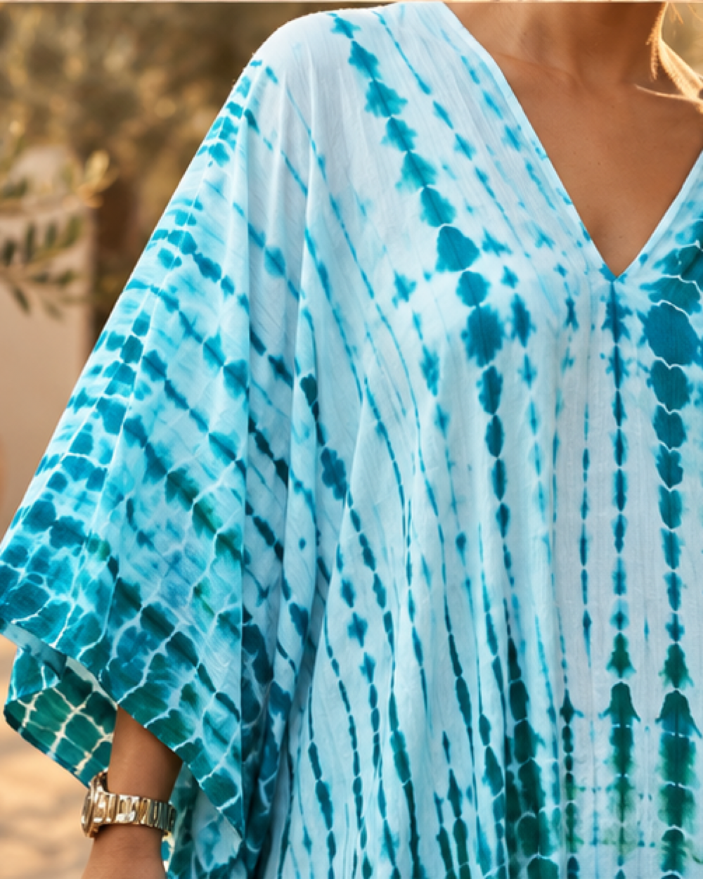 Boho Hippie Prom Dress - Turquoise Blue variant, close-up of fabric and garment details