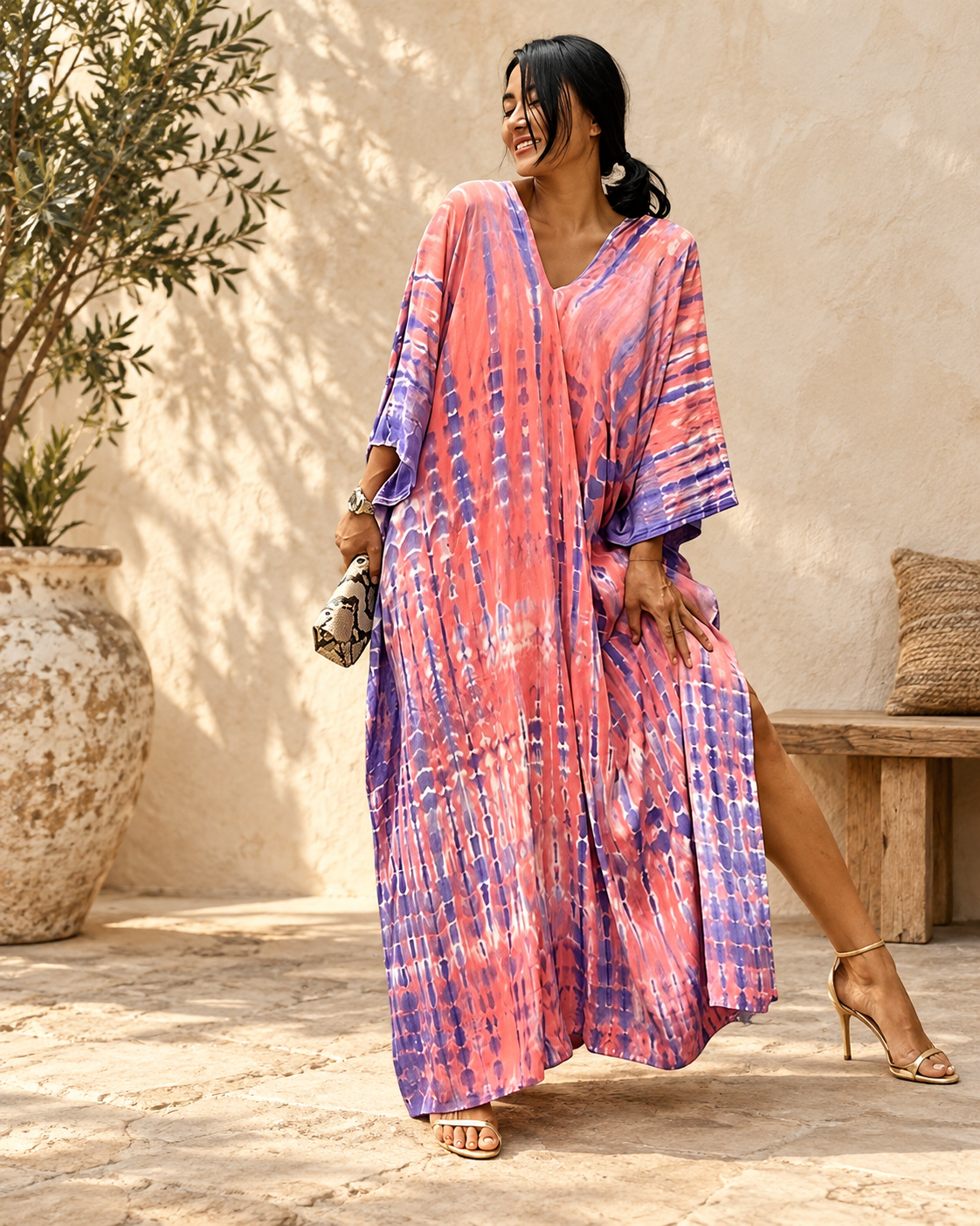 Boho Hippie Prom Dress - Pink variant, full-length hero view