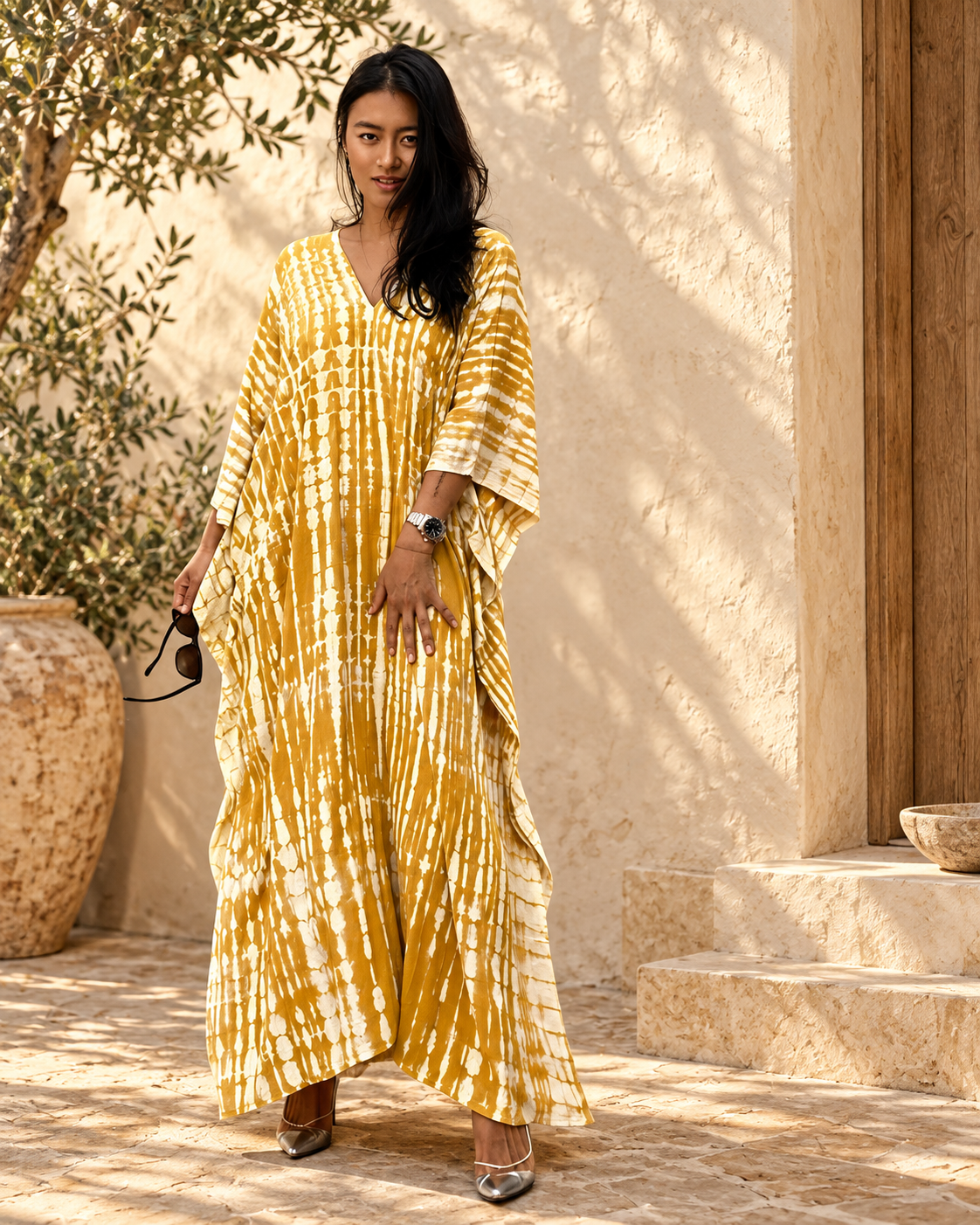 Boho Hippie Prom Dress - Yellow variant, full-length hero view
