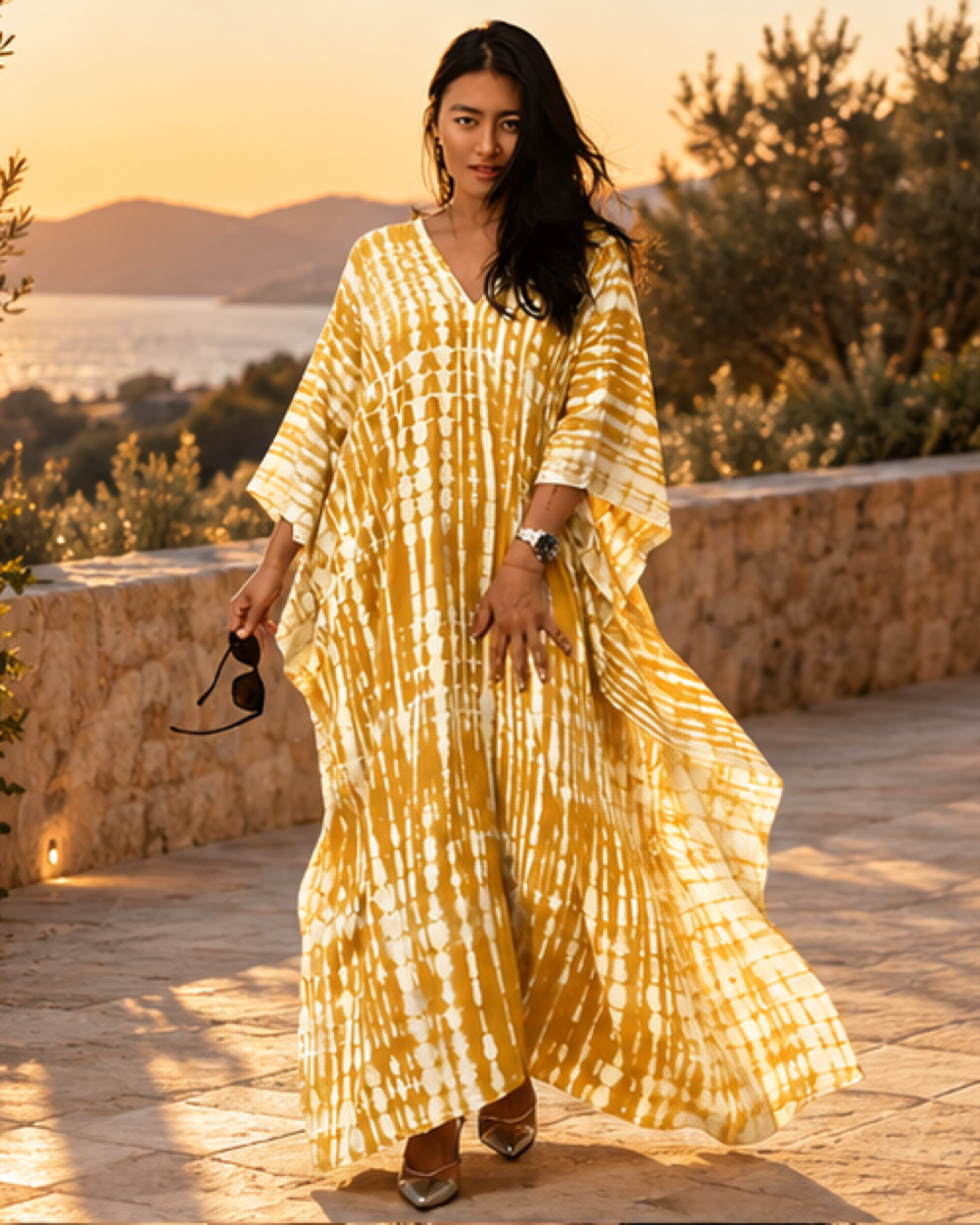 Boho Hippie Prom Dress - Yellow variant, bohemian movement view in golden-hour light