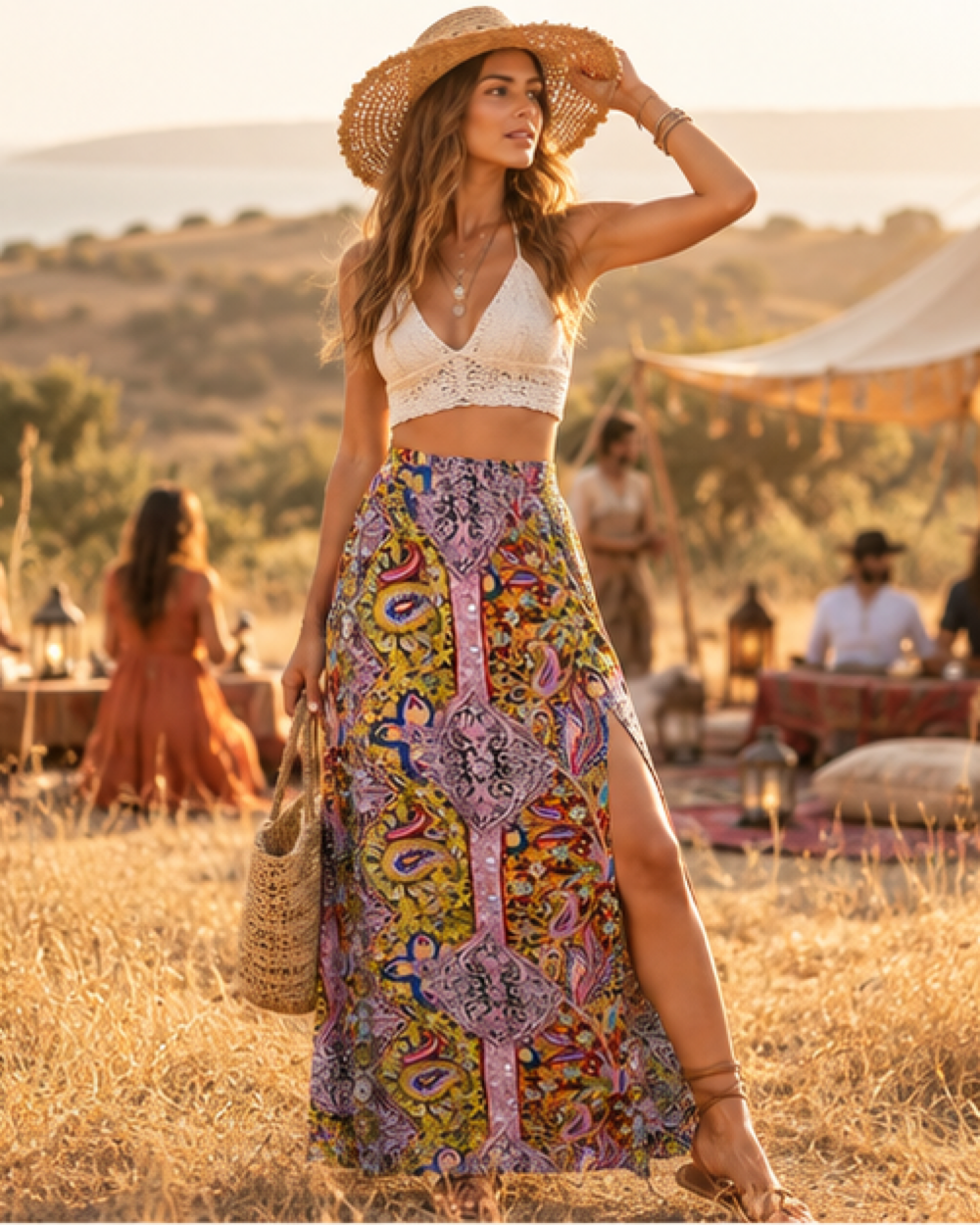 Boho Hippie Skirt - Yellow variant, styled in a warm Mediterranean setting