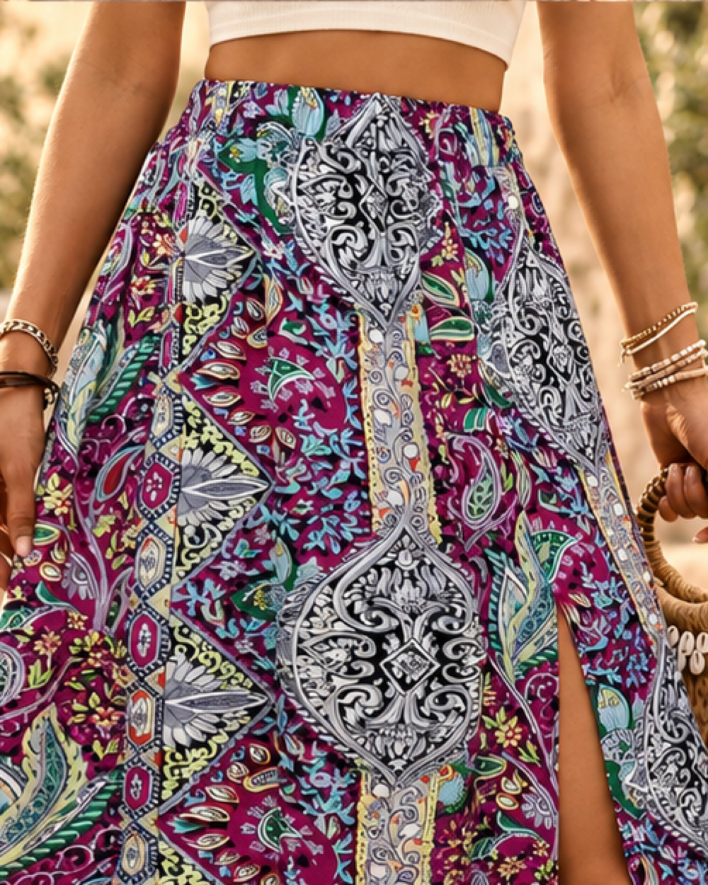Boho Hippie Skirt - Blue variant, close-up of fabric and garment details