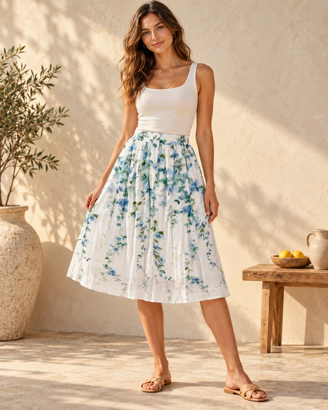 Boho Knee Length Skirt, full-length hero view