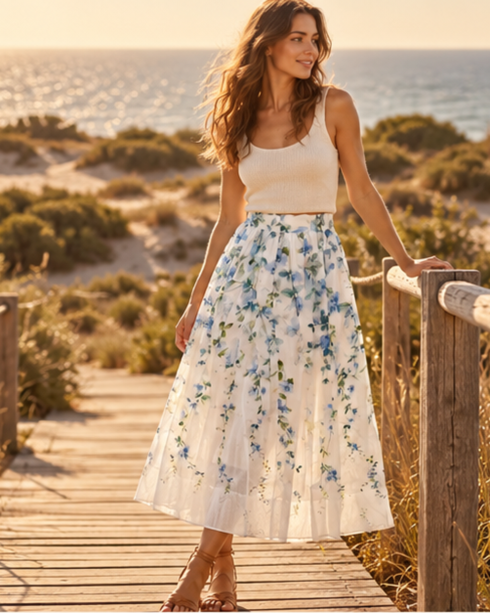 Boho Knee Length Skirt, styled in a warm Mediterranean setting