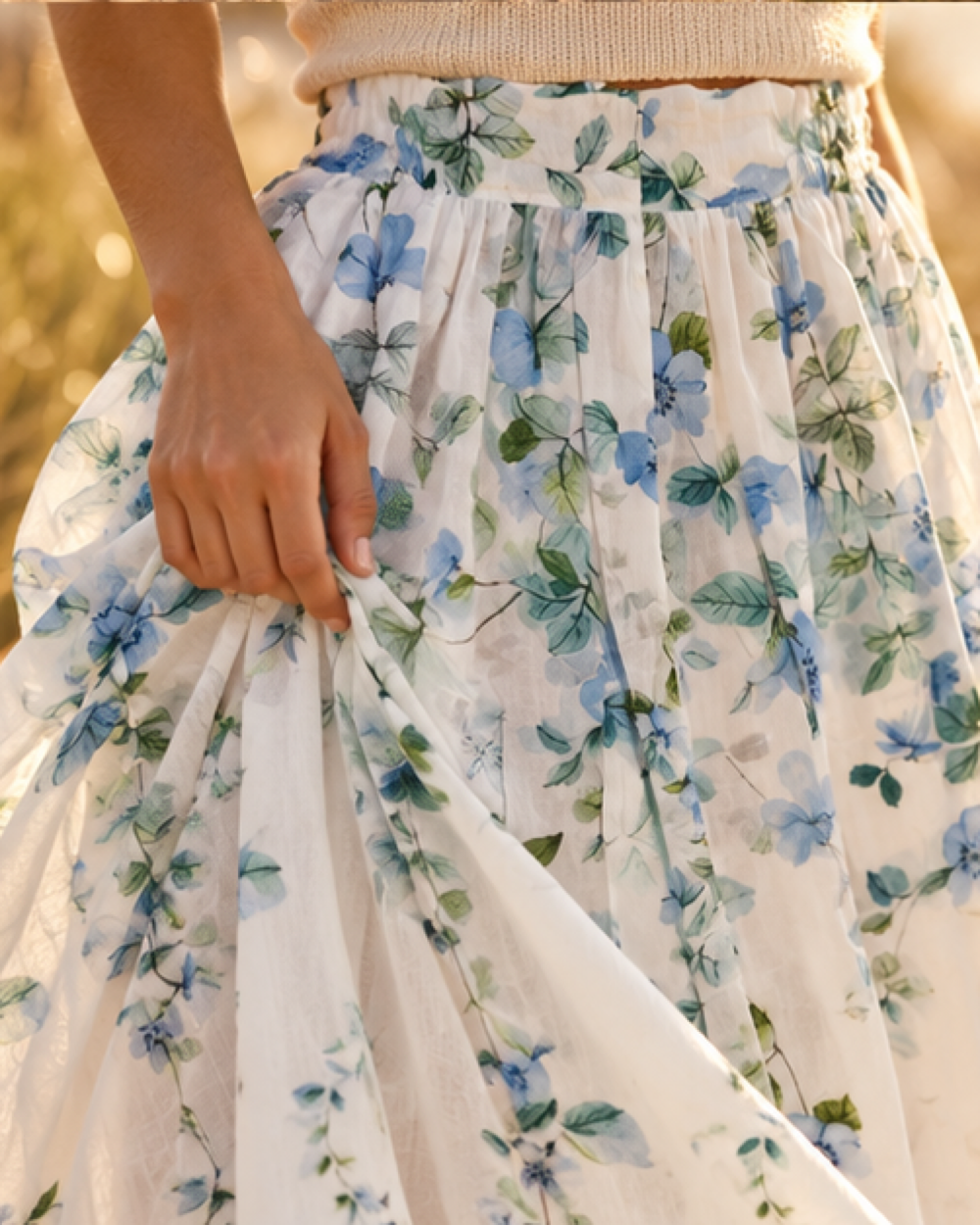 Boho Knee Length Skirt, close-up of fabric and garment details