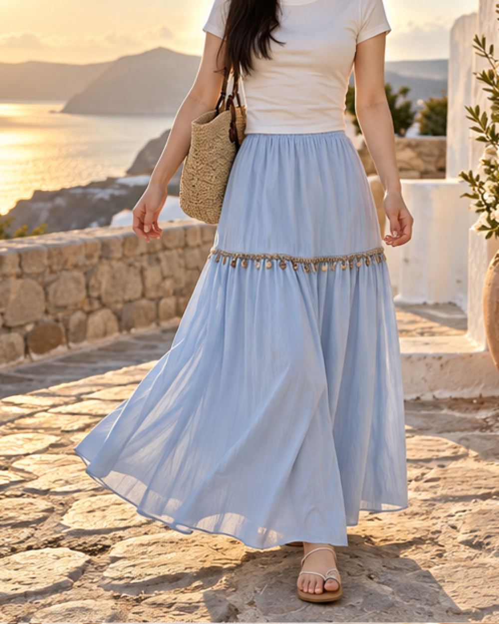 Boho Layered Skirt - Blue variant, bohemian movement view in golden-hour light