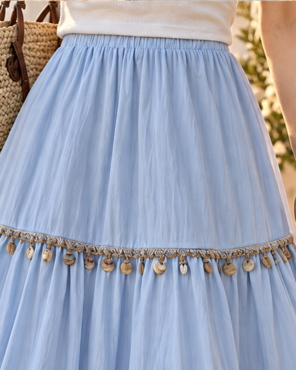 Boho Layered Skirt - Blue variant, close-up of fabric and garment details
