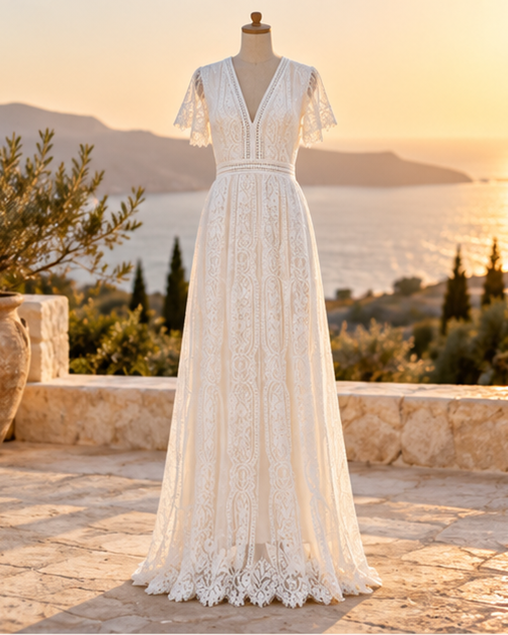 Boho Maternity Wedding Dress, styled in a warm Mediterranean setting