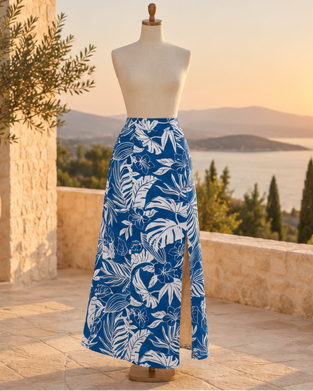 Boho Maxi Skirt with Slit, styled in a warm Mediterranean setting