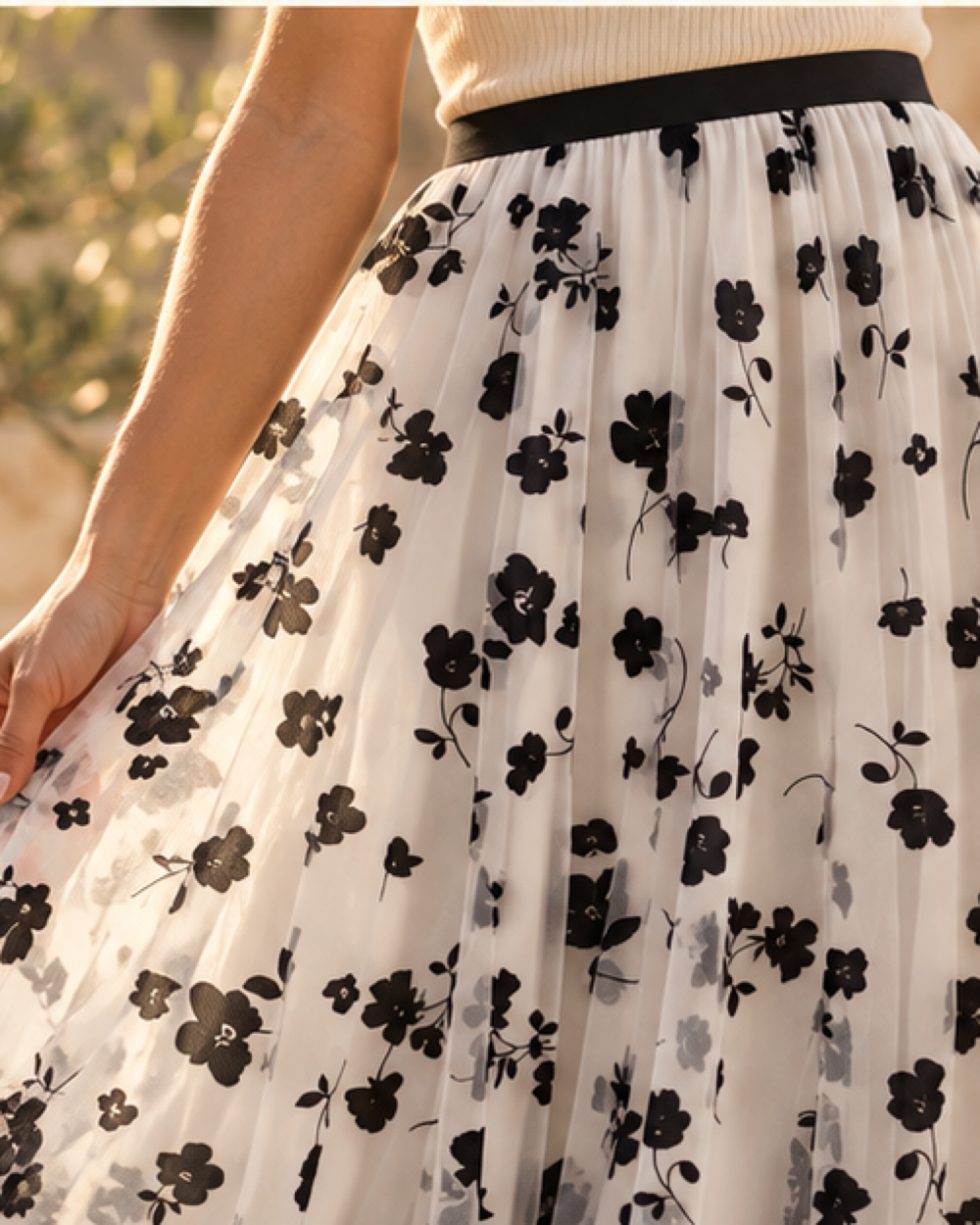 Boho Midi Skirt White, close-up of fabric and garment details