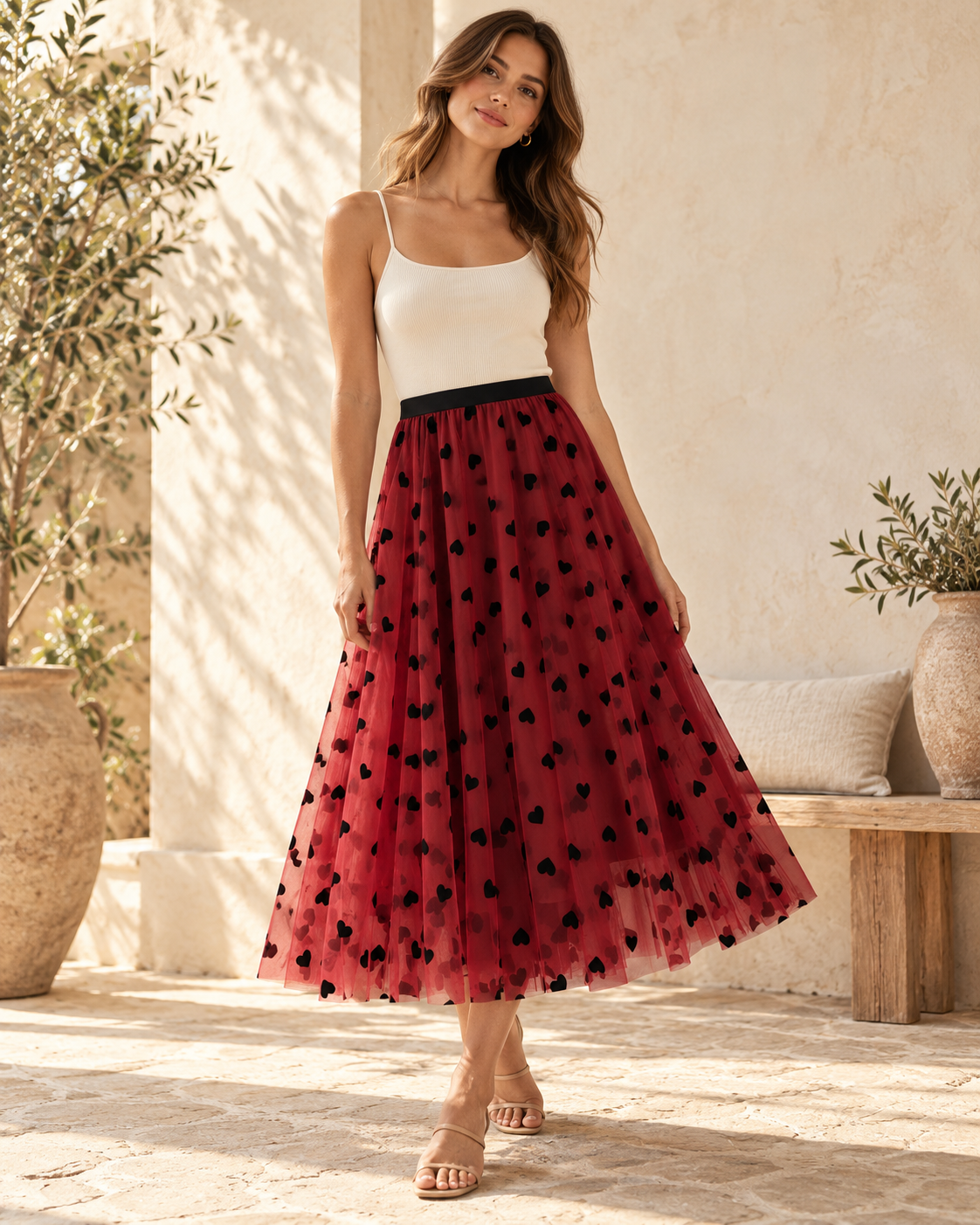 Boho Midi Skirt White - Red variant, full-length hero view