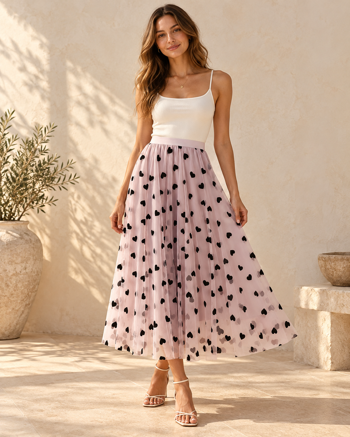 Boho Midi Skirt White - Pink variant, full-length hero view