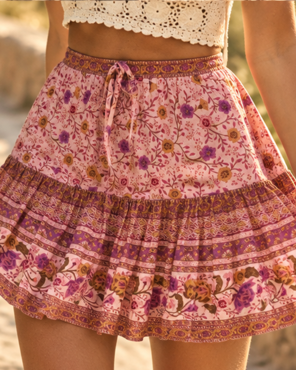 Boho Mini Beach Skirt, close-up of fabric and garment details