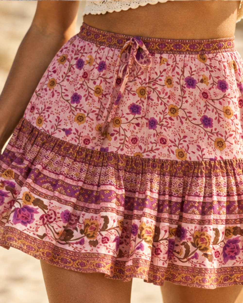 Boho Mini Beach Skirt, close-up of fabric and garment details