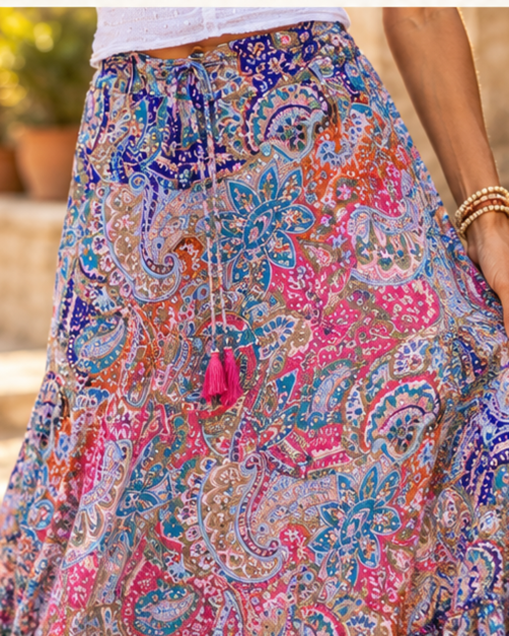 Boho Paisley Skirt, close-up of fabric and garment details