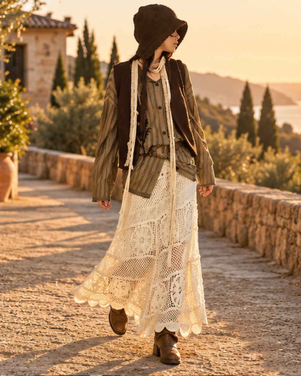 Boho Patchwork Skirt, bohemian movement view in golden-hour light