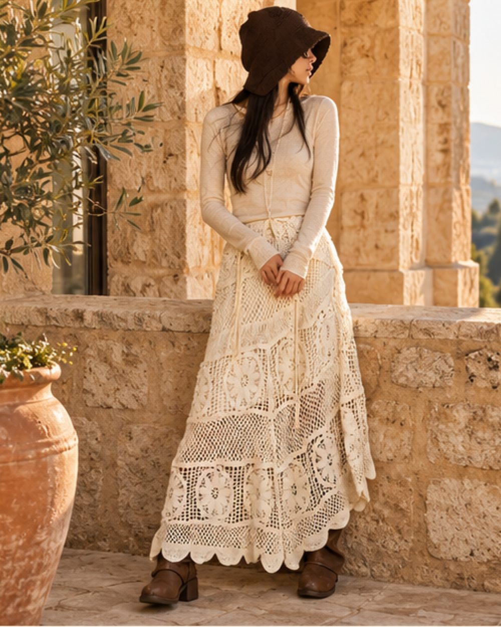 Boho Patchwork Skirt, styled in a warm Mediterranean setting