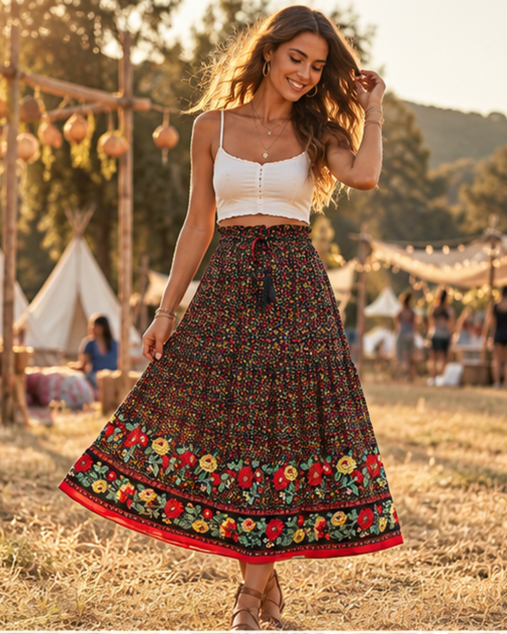 Boho Peasant Skirt - One Size variant, bohemian movement view in golden-hour light