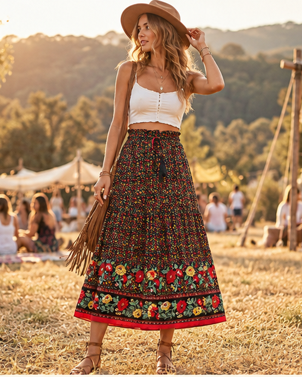 Boho Peasant Skirt - One Size variant, styled in a warm Mediterranean setting