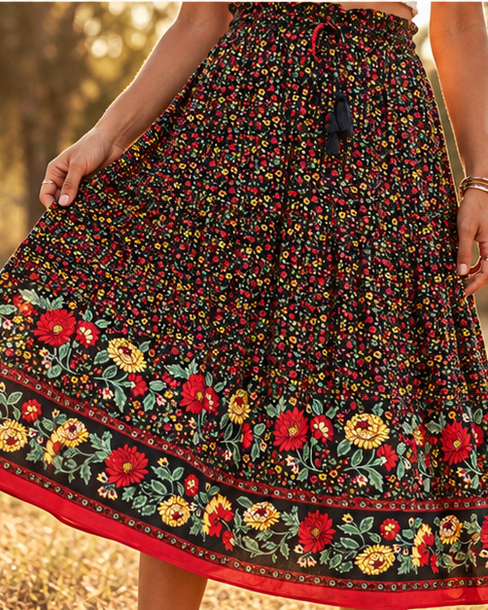 Boho Peasant Skirt - One Size variant, close-up of fabric and garment details
