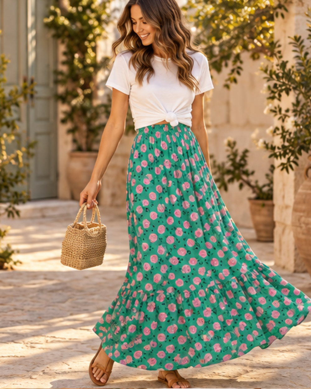 Boho Print Maxi Skirt, bohemian movement view in golden-hour light