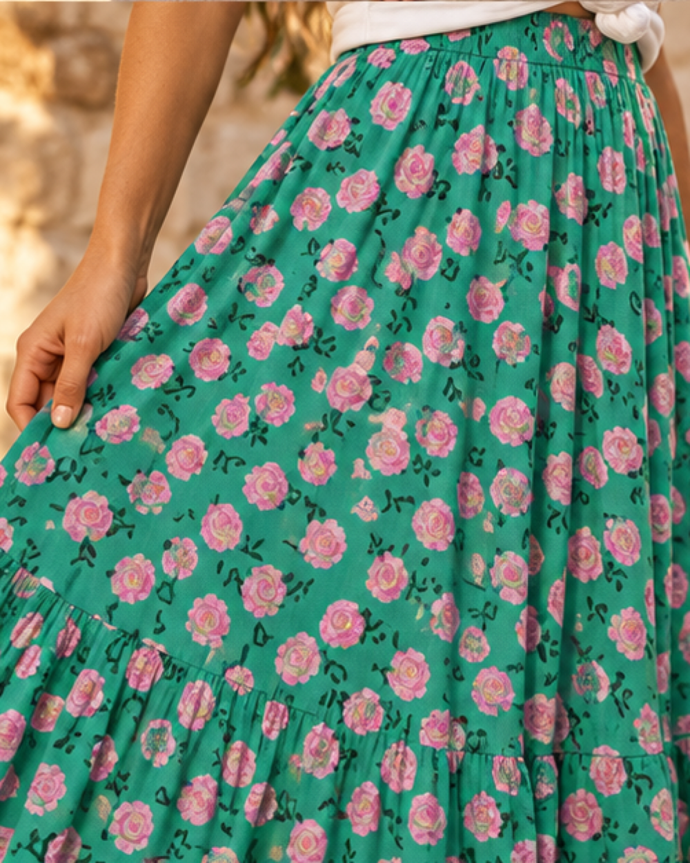 Boho Print Maxi Skirt, close-up of fabric and garment details