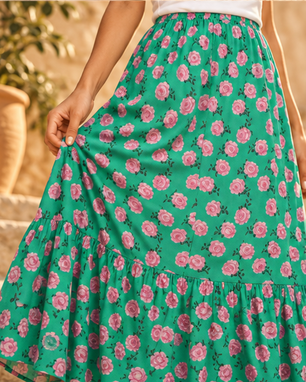Boho Print Maxi Skirt, close-up of fabric and garment details