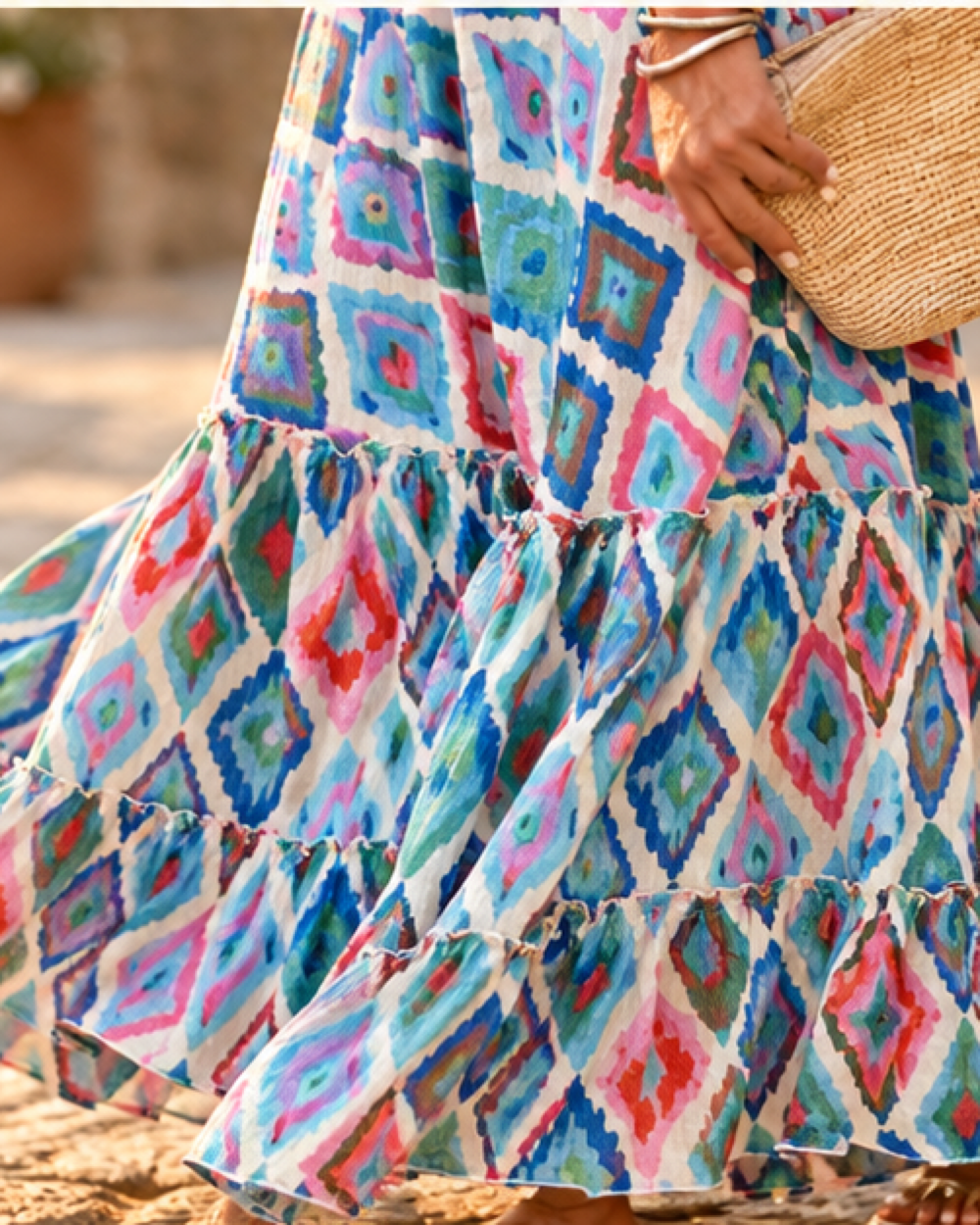 Boho Ruffle Maxi Skirt, close-up of fabric and garment details