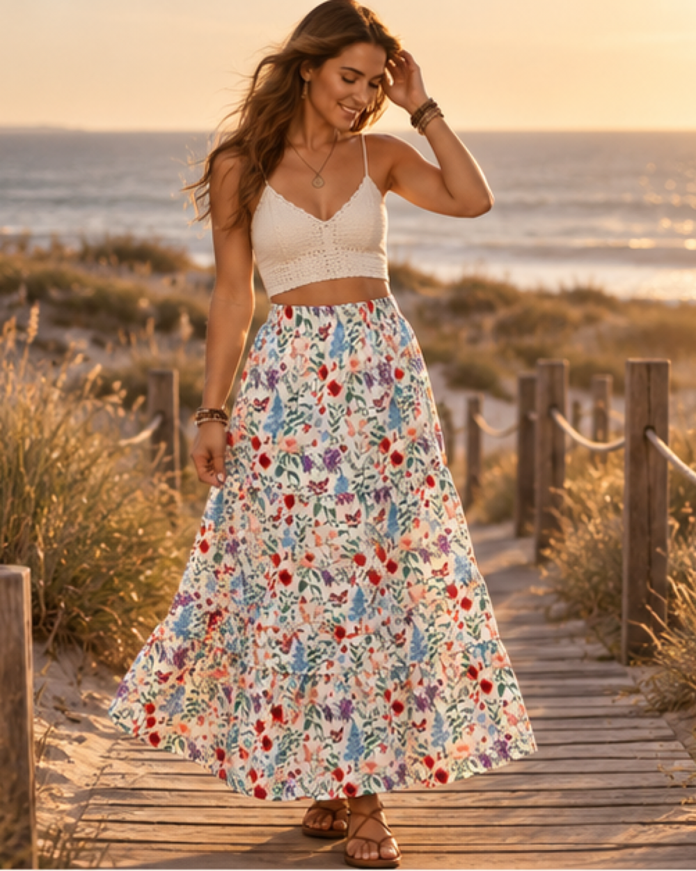 Boho Ruffle Skirt, styled in a warm Mediterranean setting