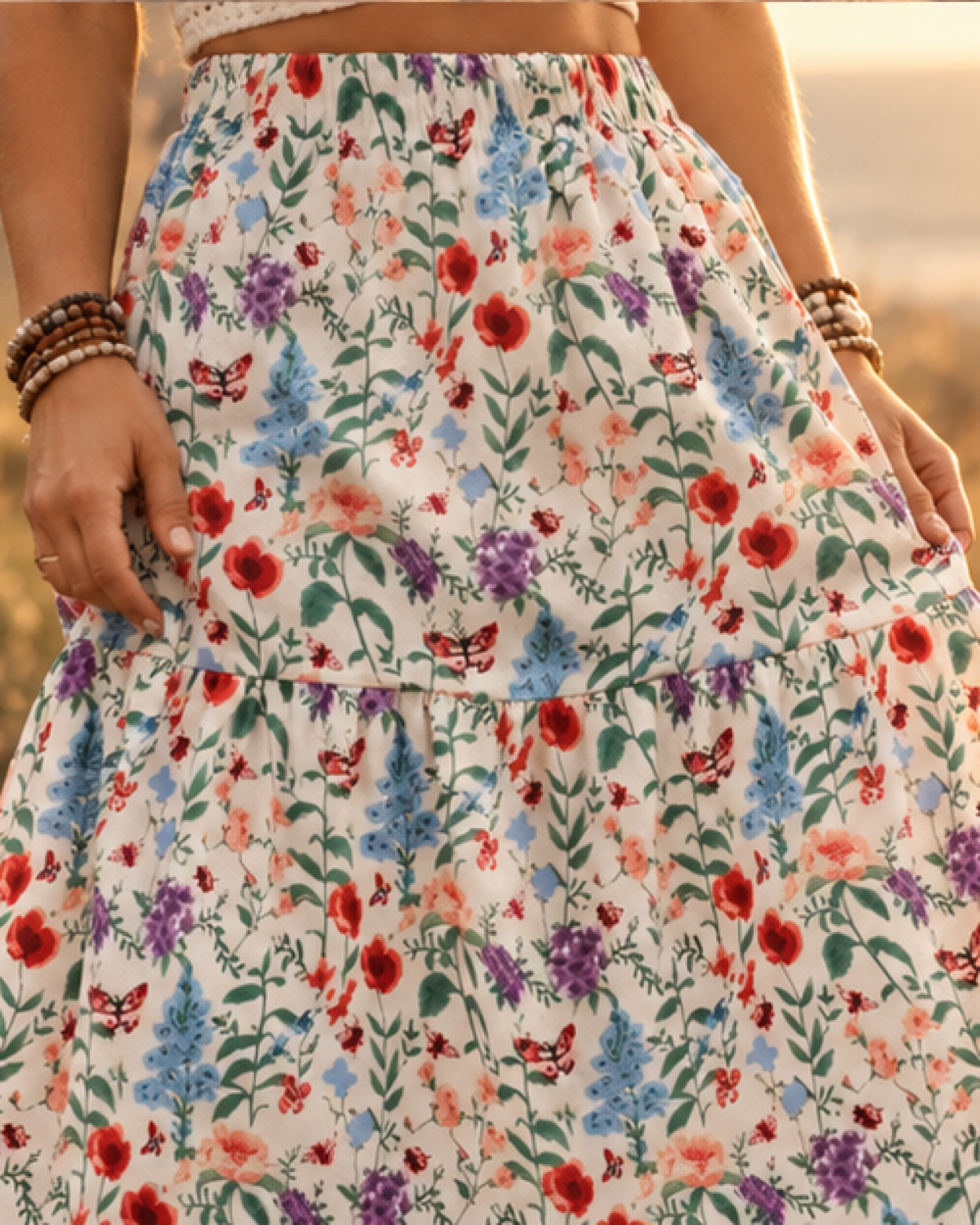 Boho Ruffle Skirt, close-up of fabric and garment details