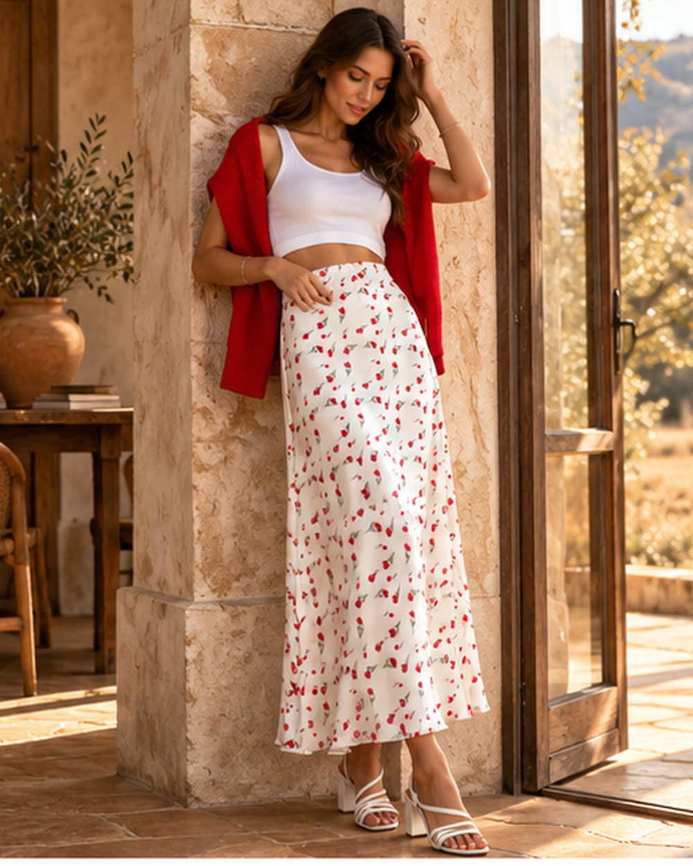 Boho Spring Style Skirt, styled in a warm Mediterranean setting