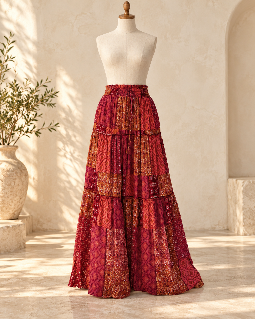 Boho Tiered Broomstick Skirt, full-length hero view