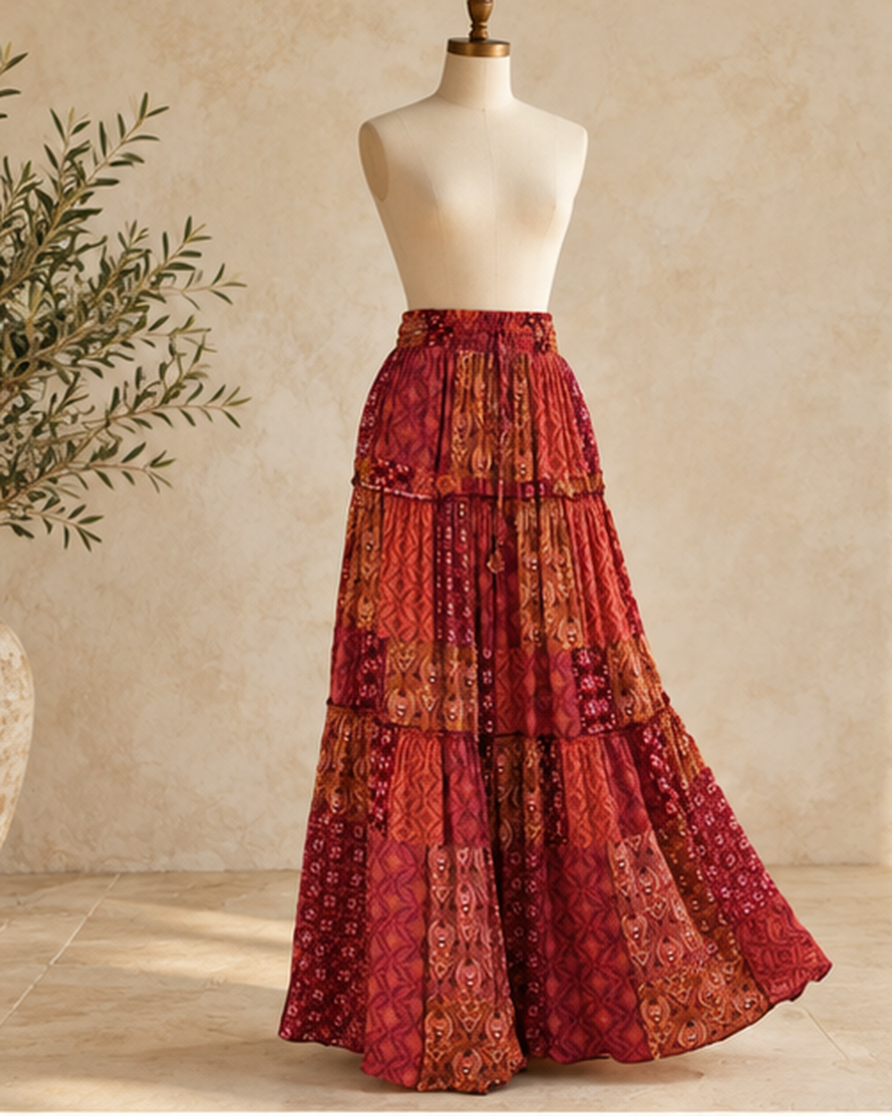 Boho Tiered Broomstick Skirt, bohemian movement view in golden-hour light