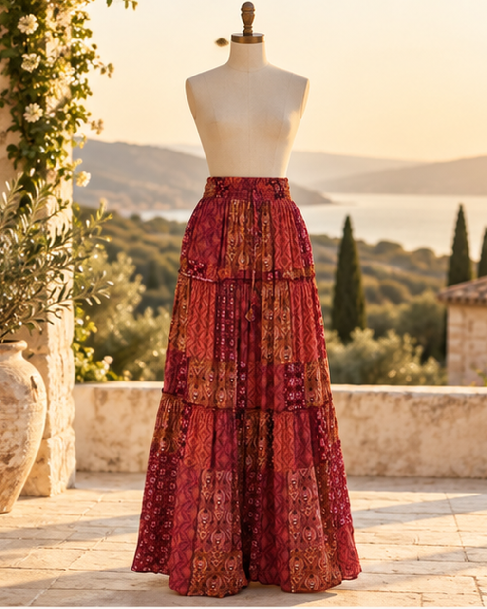 Boho Tiered Broomstick Skirt, styled in a warm Mediterranean setting