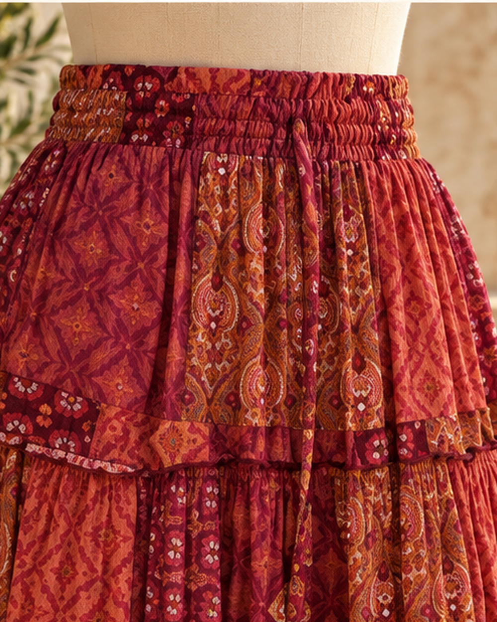 Boho Tiered Broomstick Skirt, close-up of fabric and garment details
