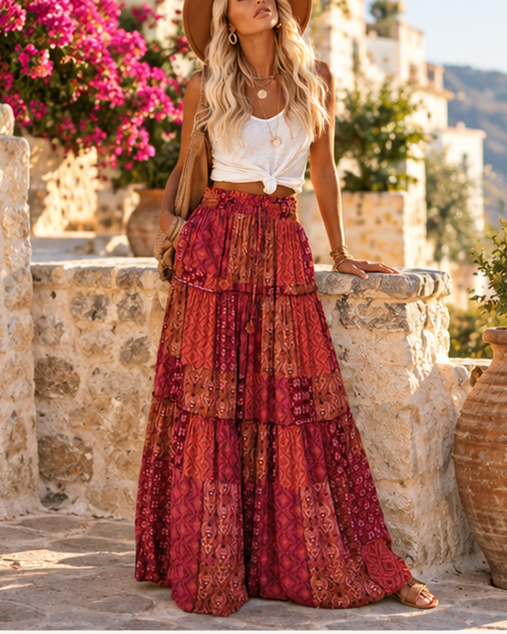 Boho Tiered Broomstick Skirt, styled in a warm Mediterranean setting