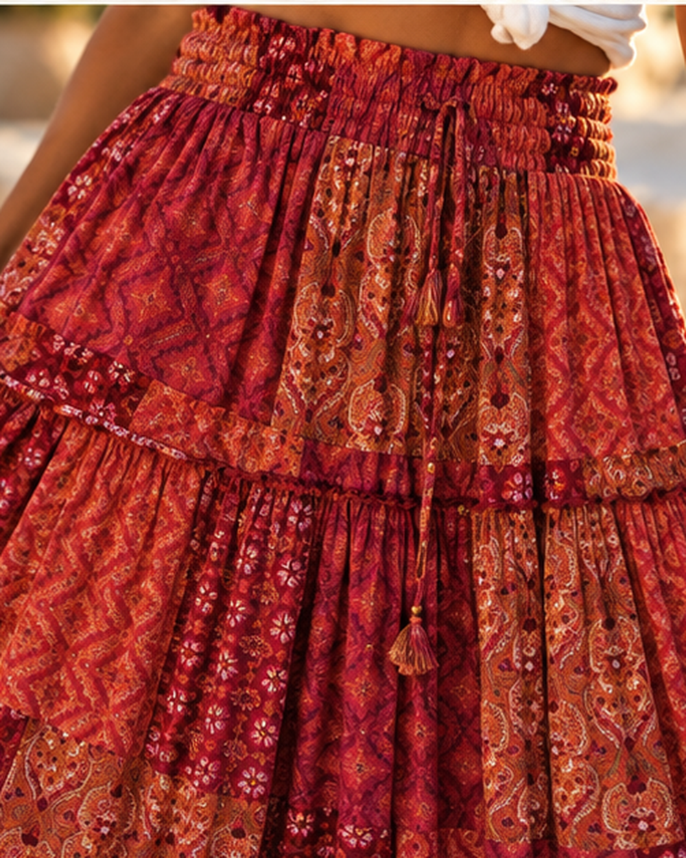 Boho Tiered Broomstick Skirt, close-up of fabric and garment details