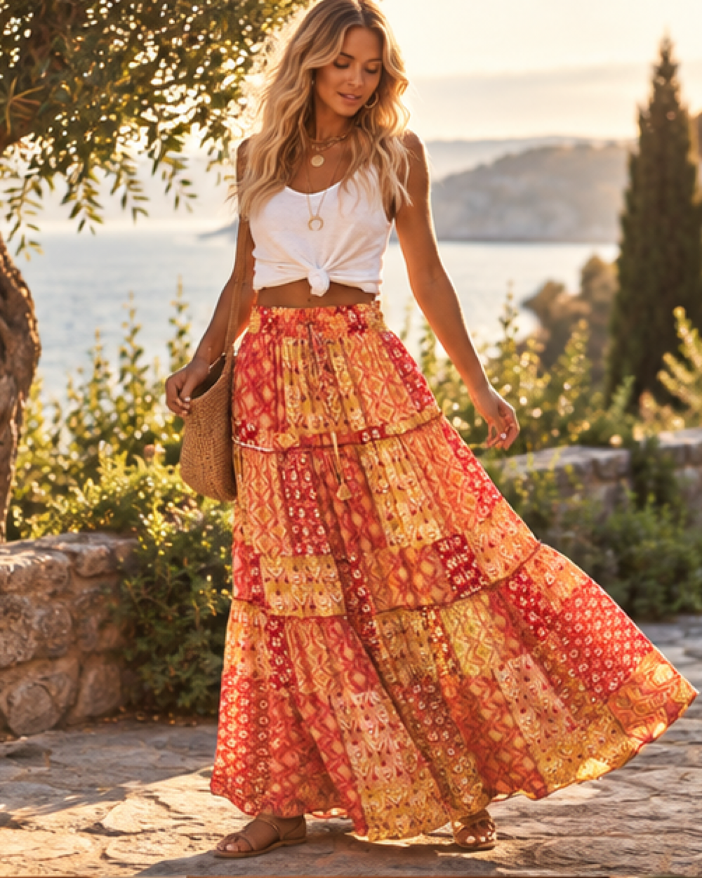 Boho Tiered Broomstick Skirt - Yellow variant, bohemian movement view in golden-hour light