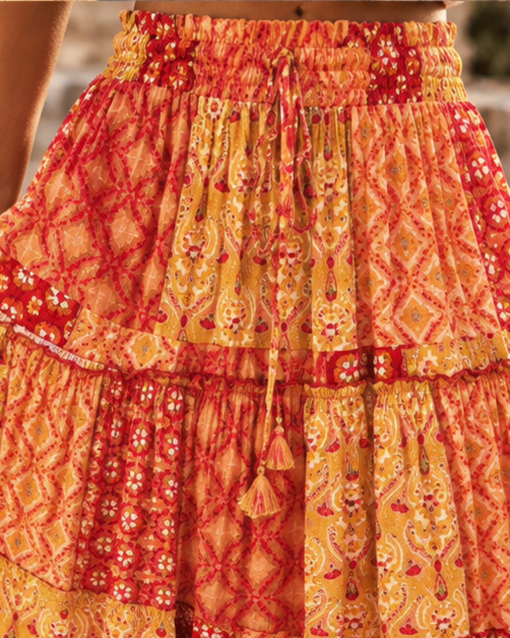 Boho Tiered Broomstick Skirt - Yellow variant, close-up of fabric and garment details