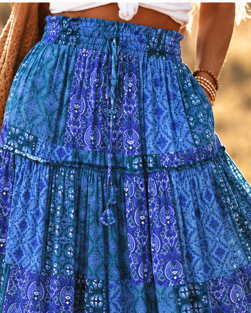 Boho Tiered Broomstick Skirt - Blue variant, close-up of fabric and garment details