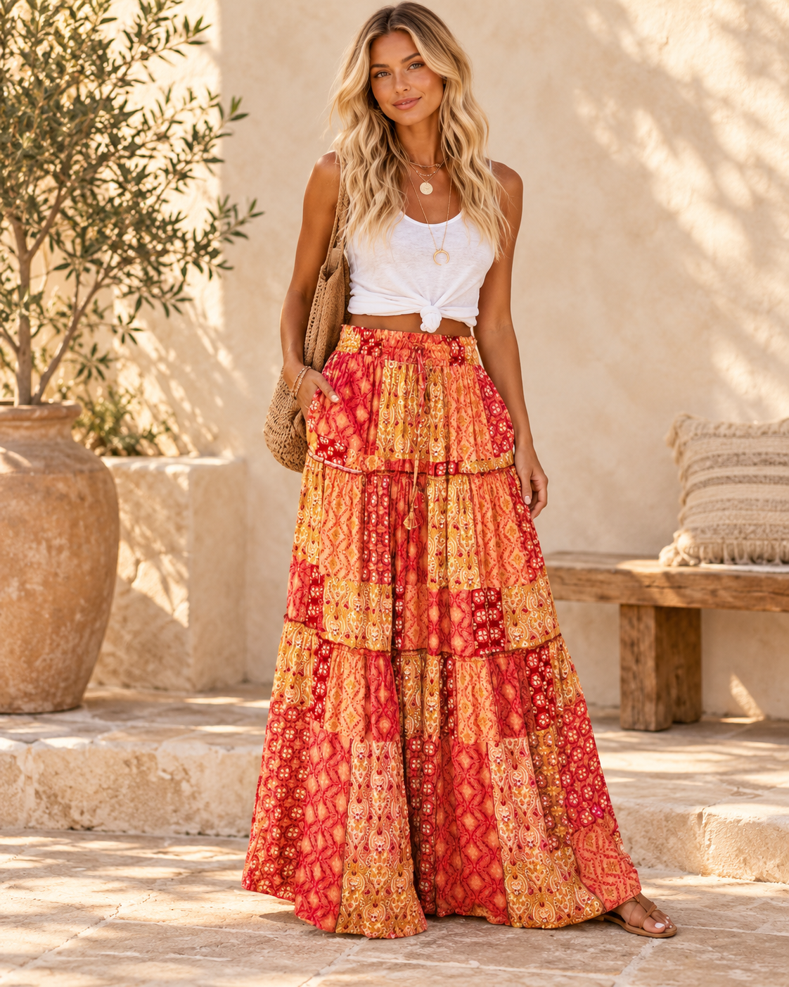 Boho Tiered Broomstick Skirt - Yellow variant, full-length hero view