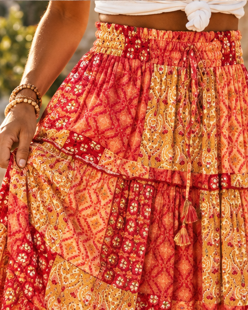 Boho Tiered Broomstick Skirt - Yellow variant, close-up of fabric and garment details