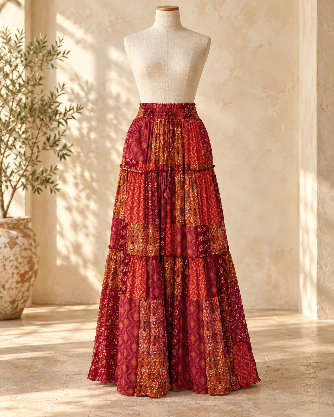 Boho Tiered Broomstick Skirt, full-length hero view
