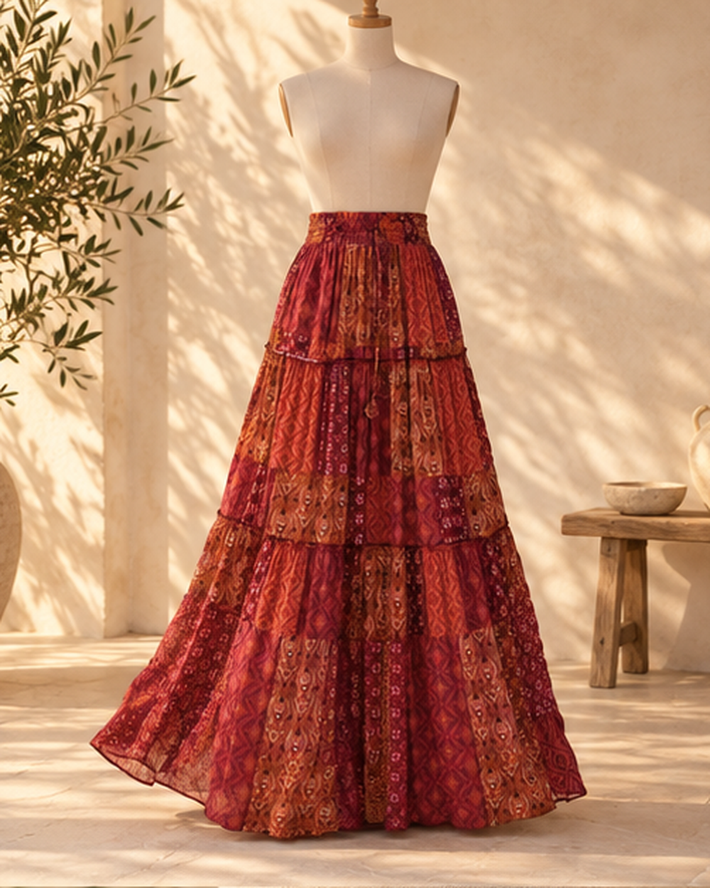 Boho Tiered Broomstick Skirt, bohemian movement view in golden-hour light