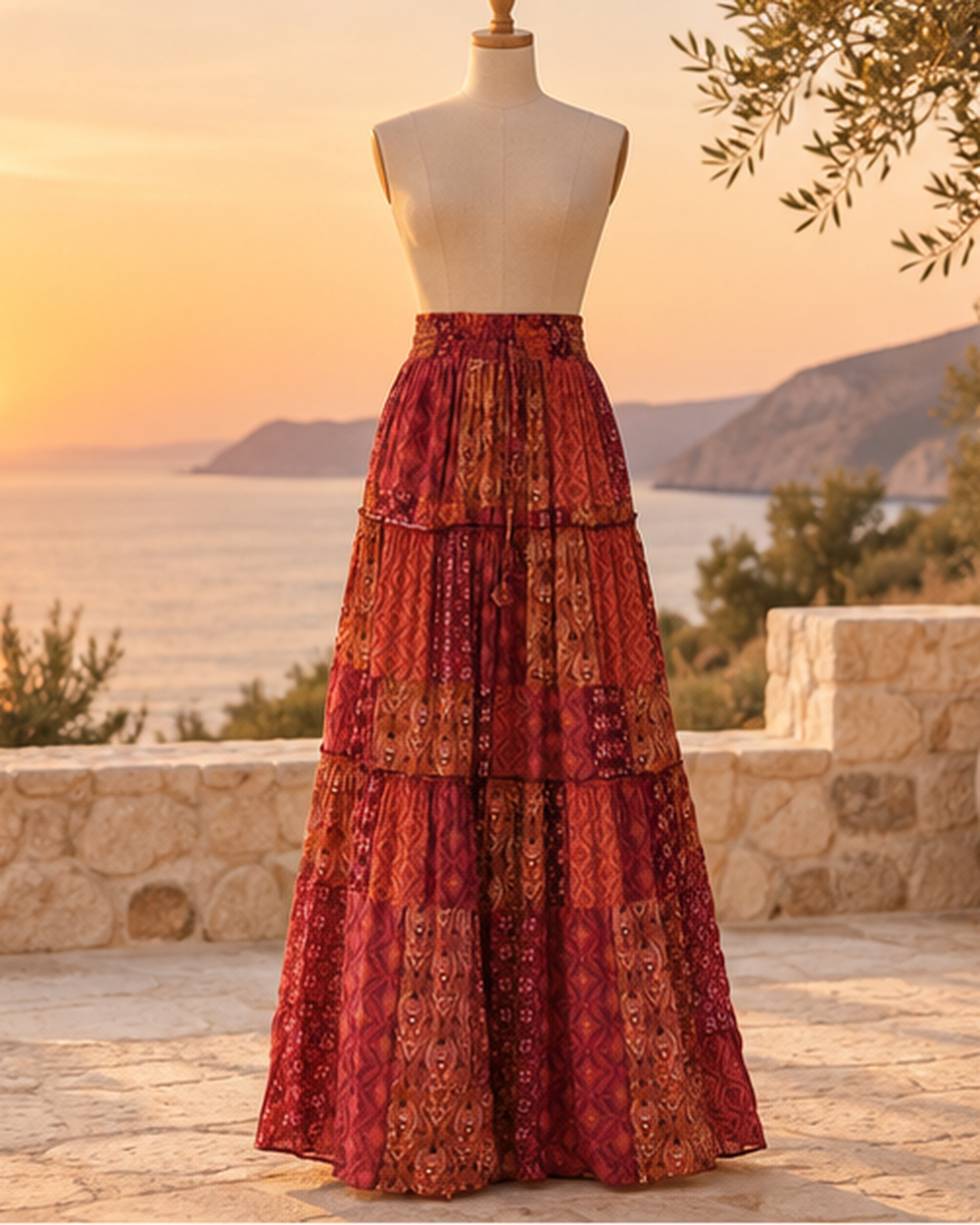 Boho Tiered Broomstick Skirt, styled in a warm Mediterranean setting