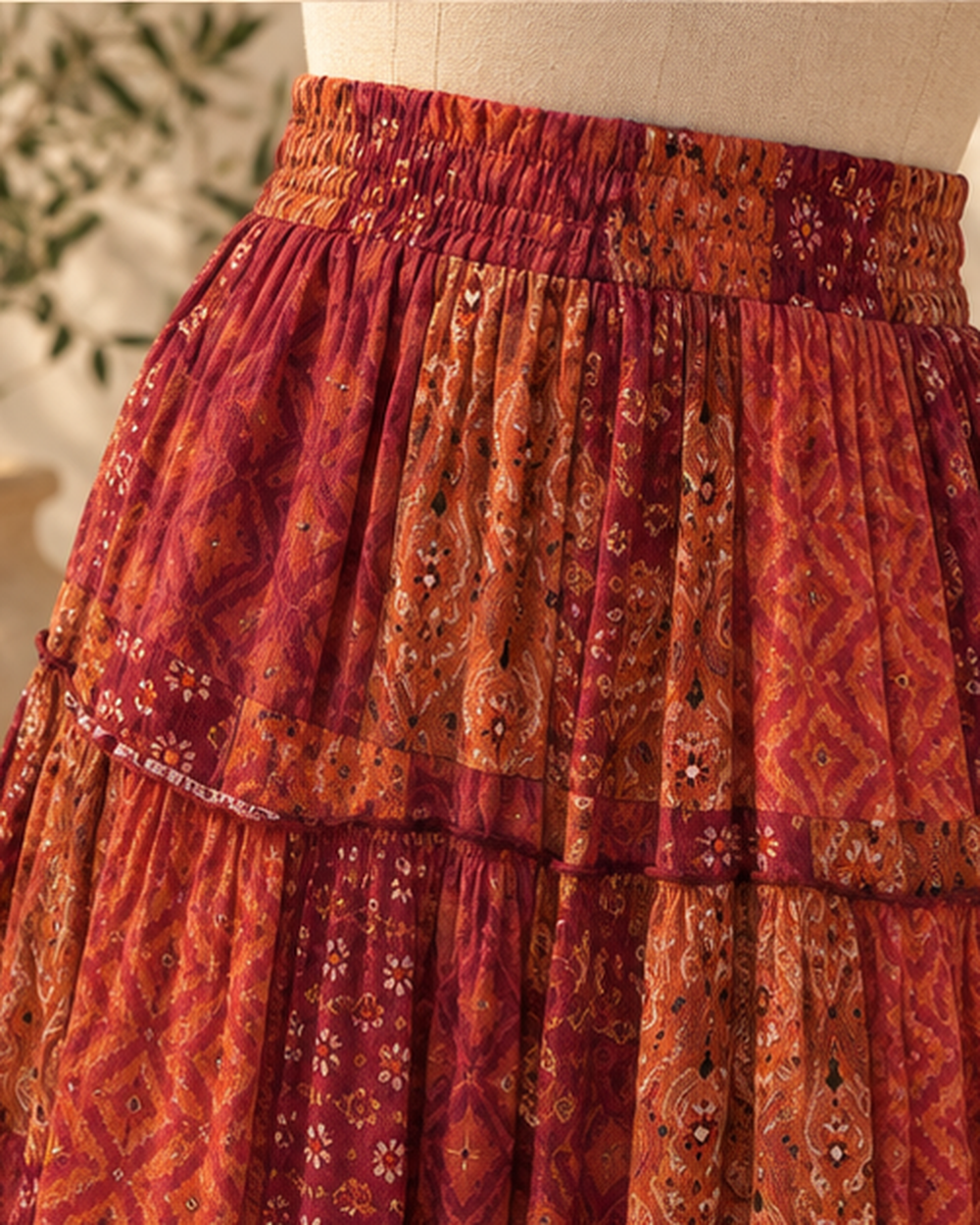 Boho Tiered Broomstick Skirt, close-up of fabric and garment details