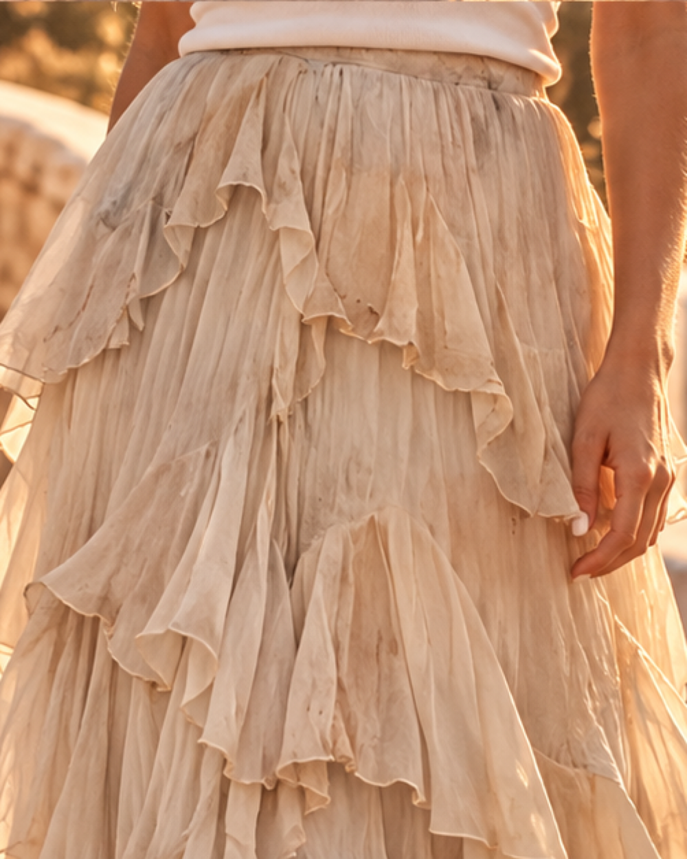 Boho Tiered Maxi Skirt, close-up of fabric and garment details